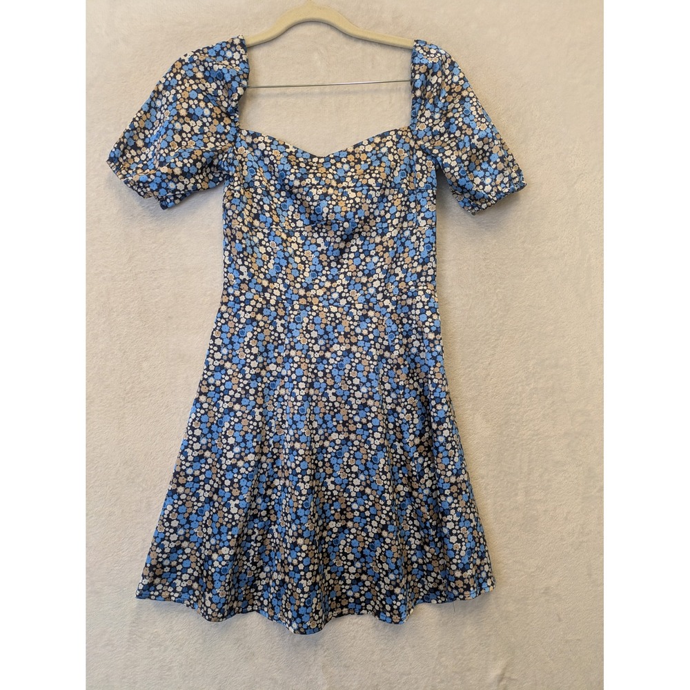 Commense‎ Blue Satin  Floral Puff Sleeve Sweetheart Mini Dress XS